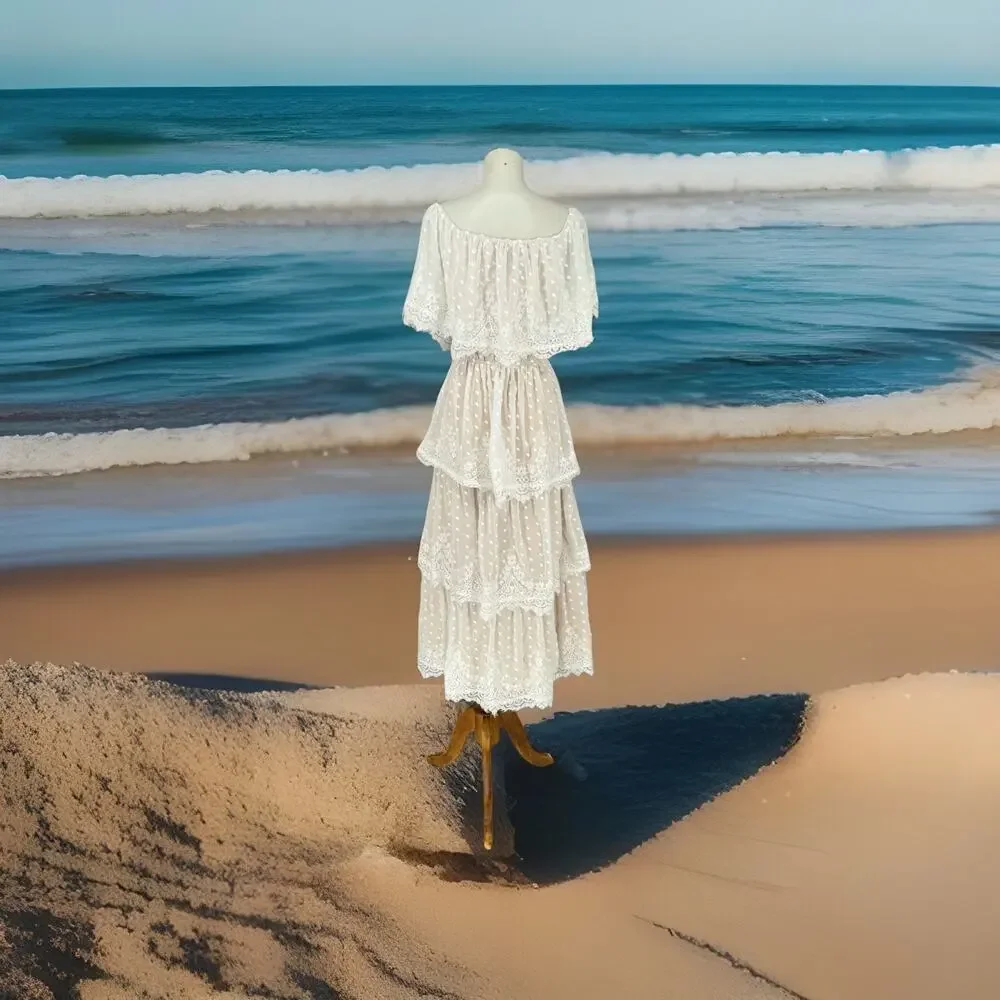 Show Me Your MuMu Dress Large White Lana Midi Lace Tiered Romantic Elegant Boho - Picture 7 of 14